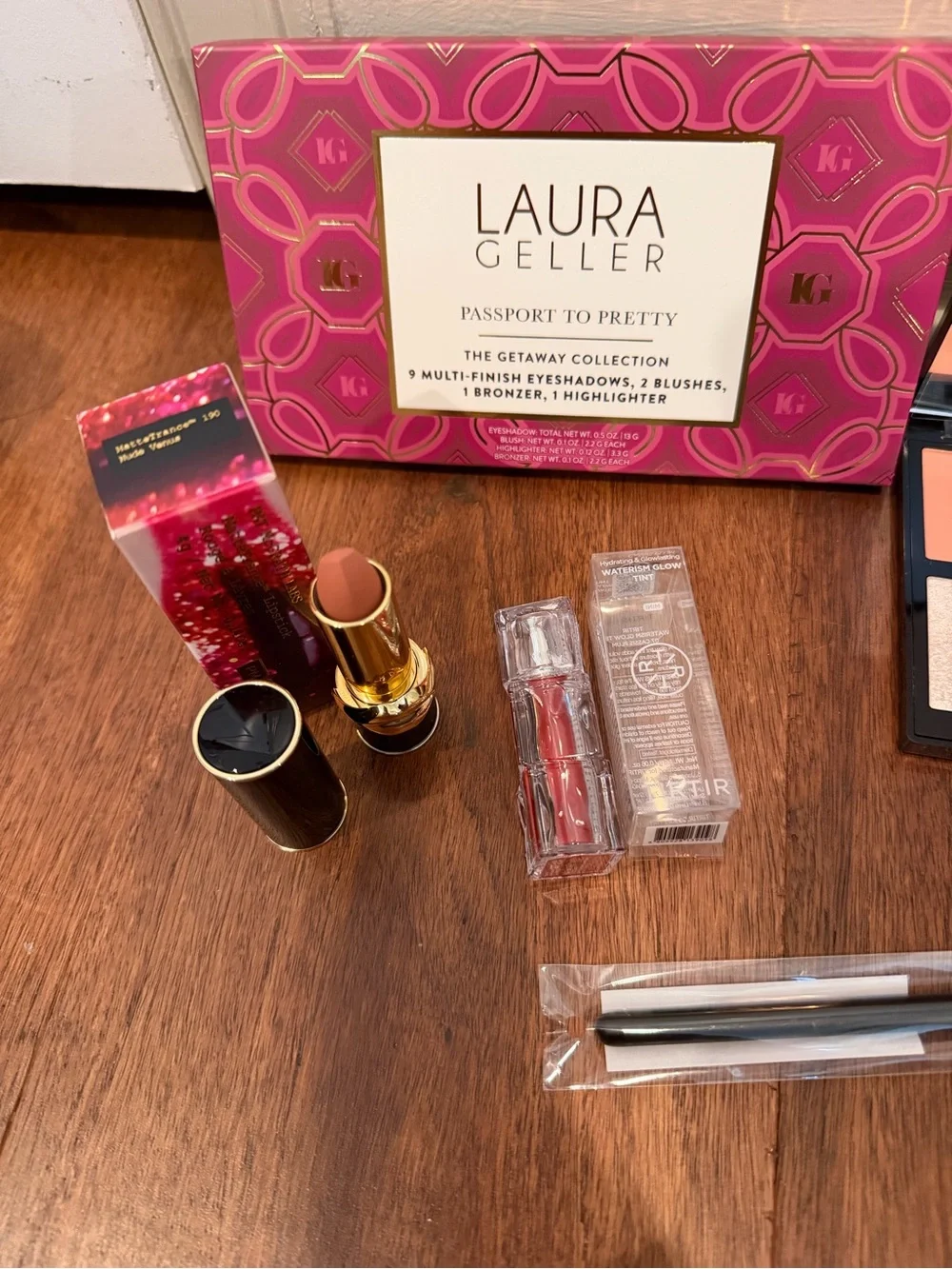 Laura Geller Palette, Pat McGrath lipstick, tir tir lip, eye brush